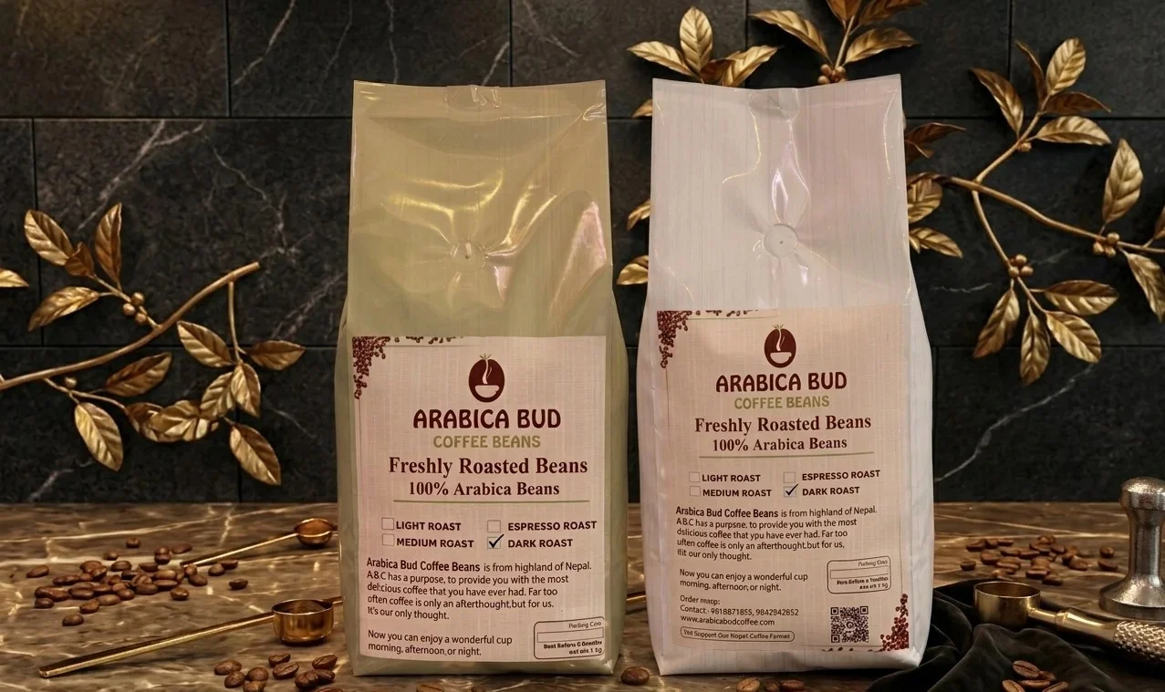 Arabica Bud Coffee beans and packaging